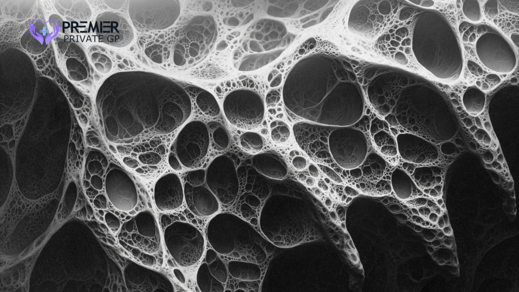 Close-up of a bone density scan report showing signs of osteoporosis and reduced bone strength.